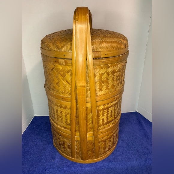 Vintage Chinese 3 Tier Wedding Basket Stacking Bamboo Rattan Woven Cane - Picture 4 of 9